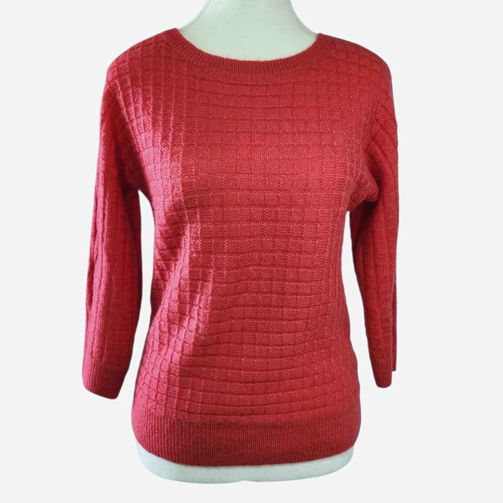 Ann Taylor Women's Textured Waffle-Knit Wool Blend 3/4 Sleeve Sweater Pink/Coral